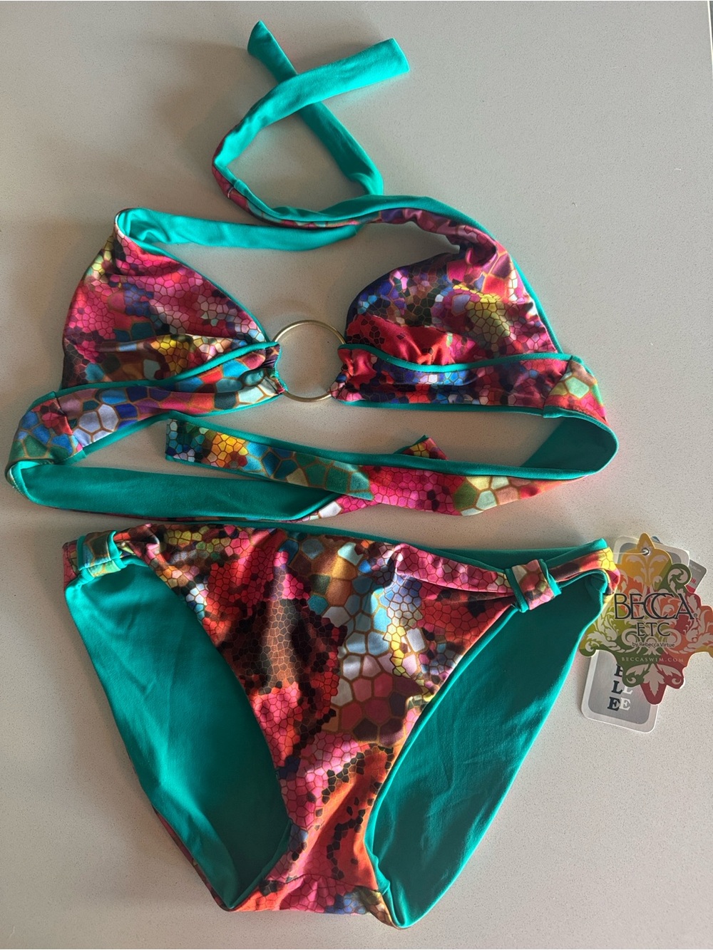 BECCA Teal Bikini Set with Multicolor Snake-Print Trim